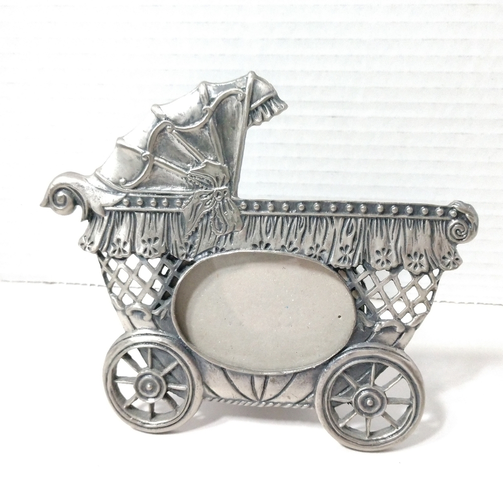 Linco Baby Carriage Shaped PHOTO FRAME Pewter Metal Self Standing Easel Back